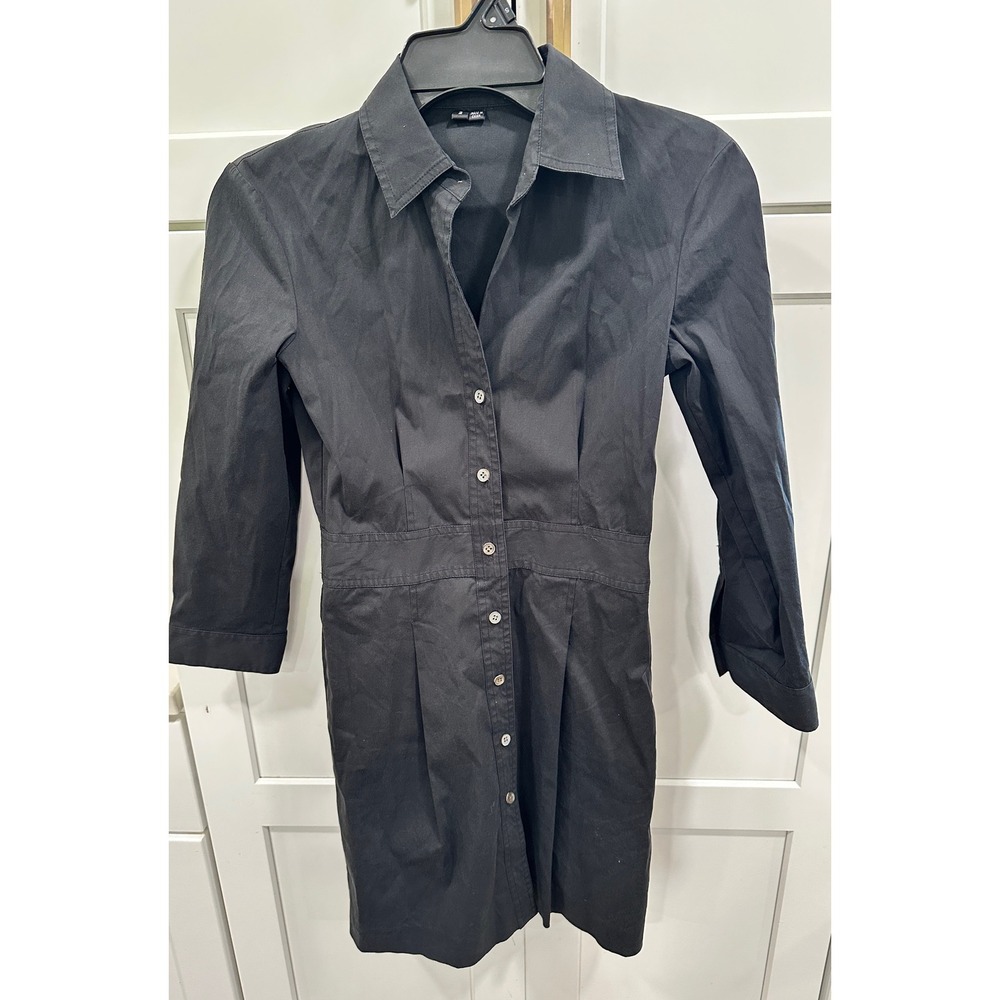 Theory Black Button Down Stretch Cotton Shirt Dress 3/4 Sleeve Size 2